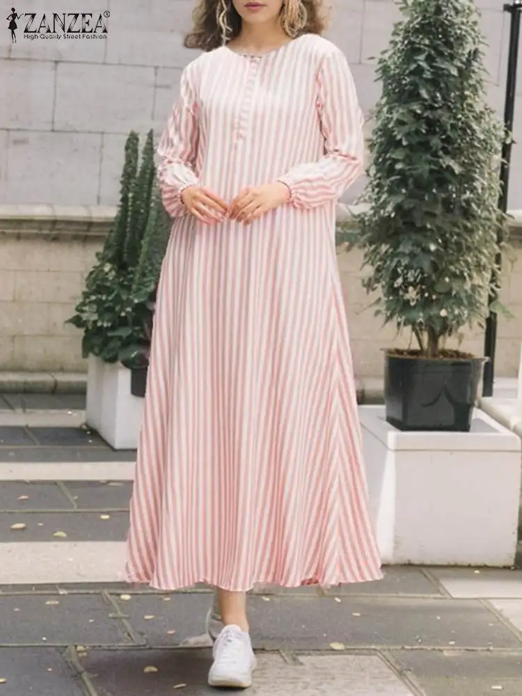 

Vintage Casual Dubai Turkey Abaya Striped Dress ZANZEA Women Autumn Fashion Long Sleeve Muslim Sundress Vestido Islamic Clothing