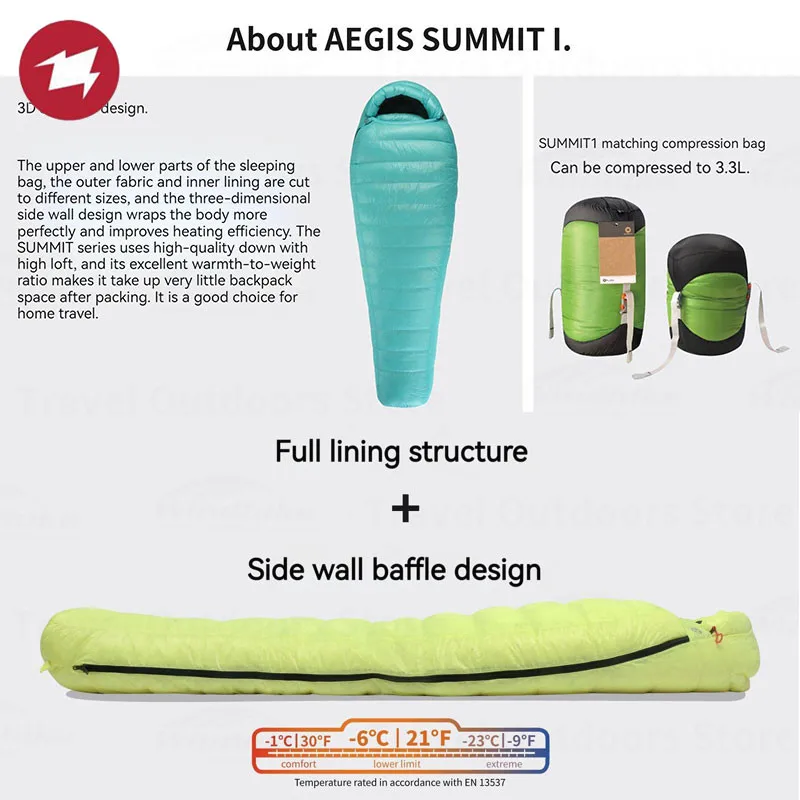 AEGISMAX SUMMIT1 FP800 Outdoor Hiking Ultralight Goose Down Sleeping Bag 21~30℉ Keep Warm Waterproof Camping Adult Sleeping Bag
