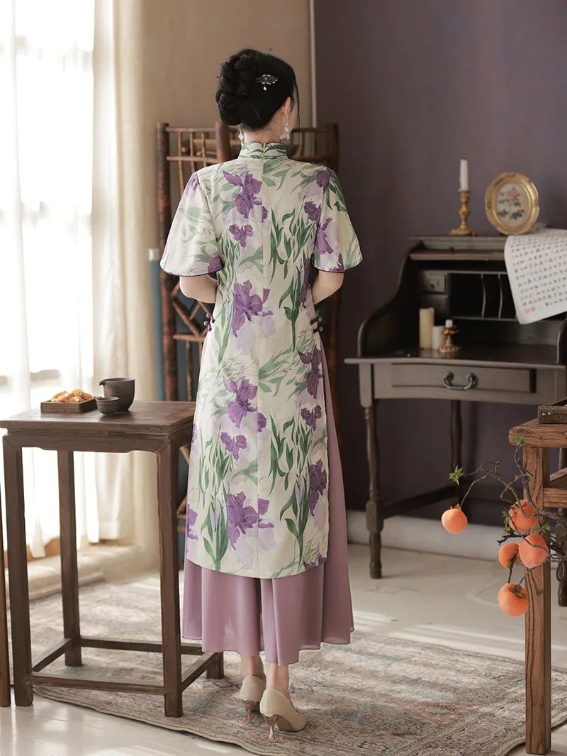 FZSLCYIYI Vintage Printed Satin Chinese Style Cheongsam Women Modern Improve Qipao Female Vietnam Ao Dai Dress