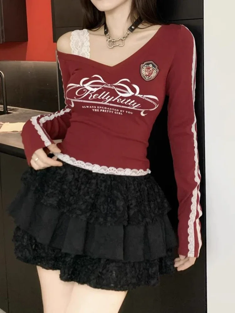 Y2K الدانتيل المرقعة تي شيرت المرأة مثير قبالة الكتف الحلو الخامس الرقبة السيدات المحاصيل القمم الكورية موضة طويلة الأكمام الملابس النسائية