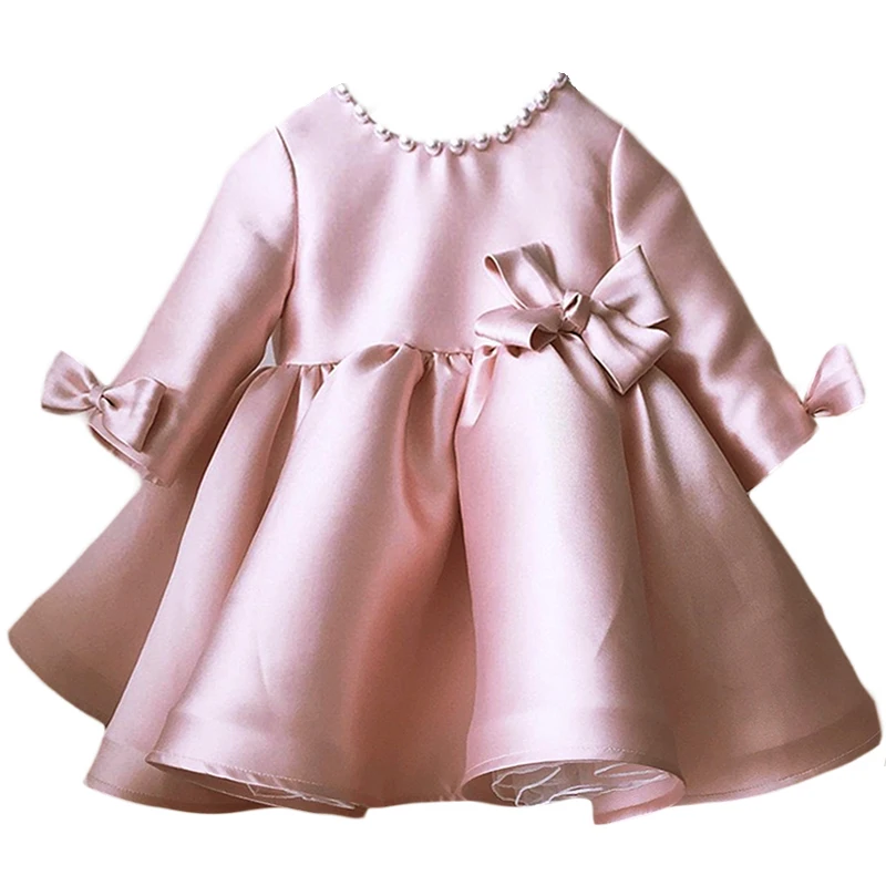 Kids Toddler Baby Lilac Flower Girls Knee-length Long Sleeves Satin Dress for Birthday Ceremonies Wedding Party 1-9Years 2023