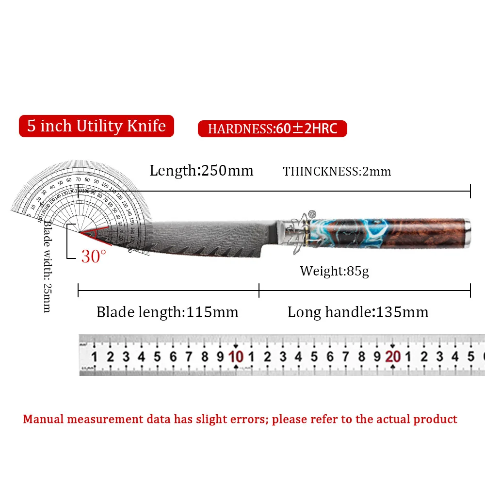 YAN 5 Inch Japanese Damascus Utility Knife 67 Layers VG10 10Cr15CoMoV Steel Composited Resin Maple Burl Wood Handle Chef