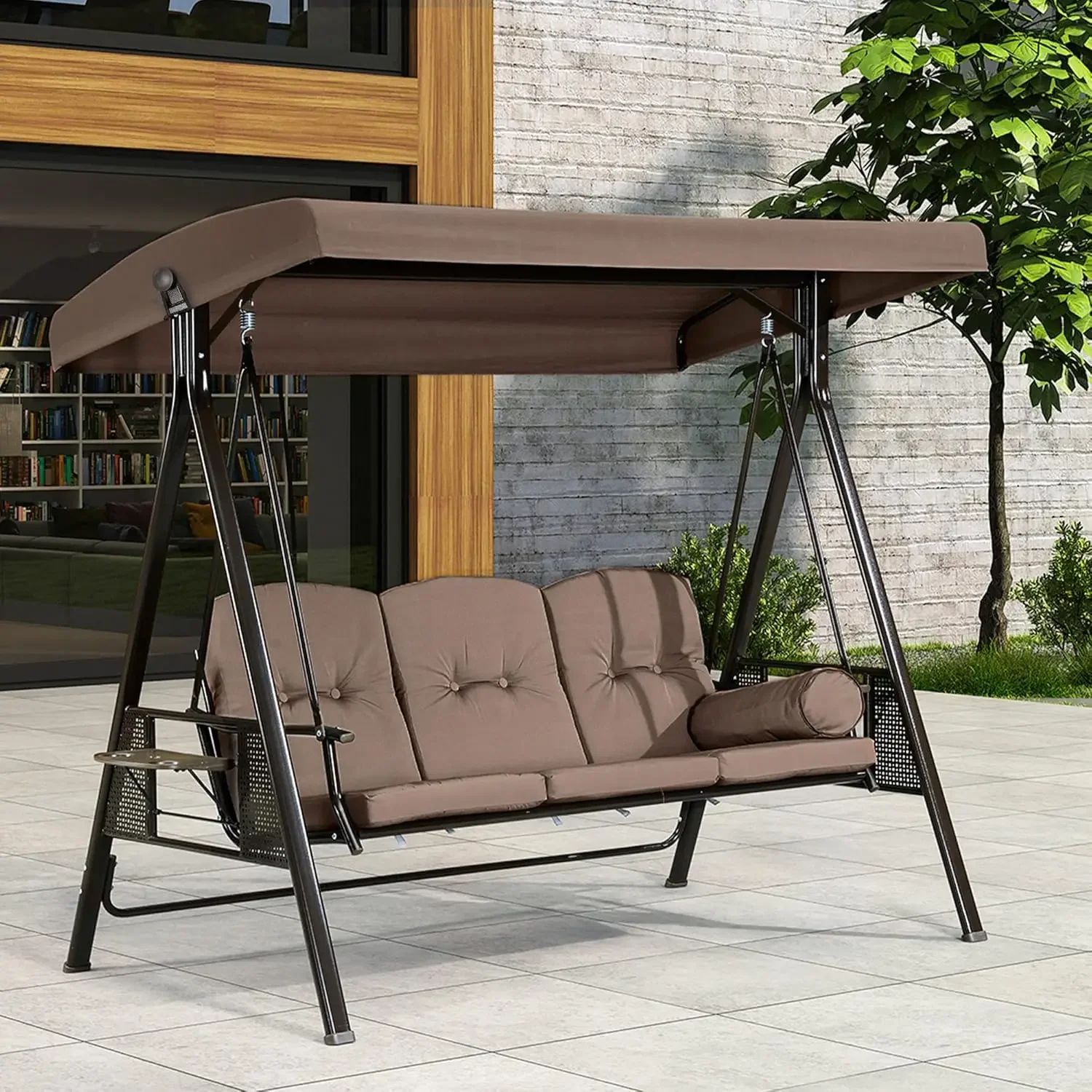 

3-Seat Deluxe Outdoor Patio Porch Swing with Weather Resistant Steel Frame, Adjustable Tilt Canopy,