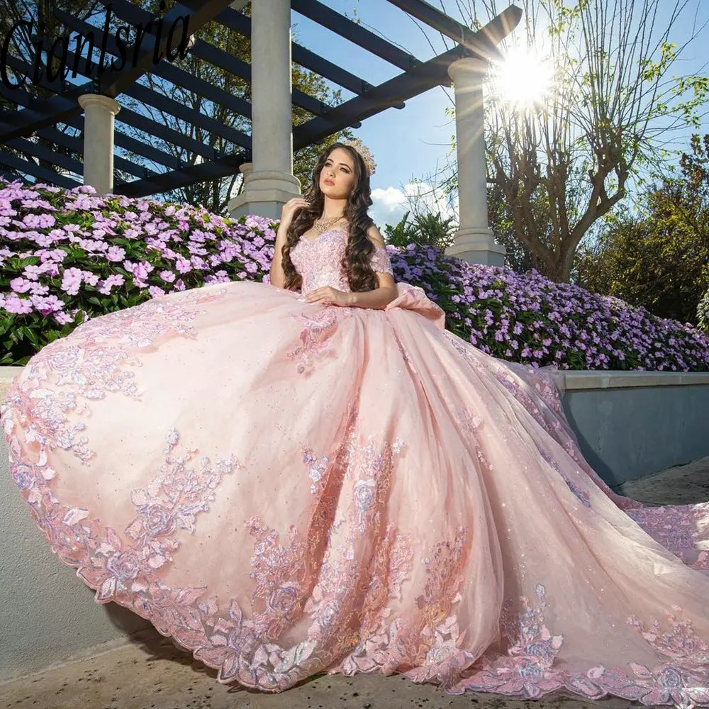 Quinceanera فستان كورسيه كريستال مكشوف الكتفين, ثوب حفلة دانتيل وردي, زينة فساتين, 15 سنة