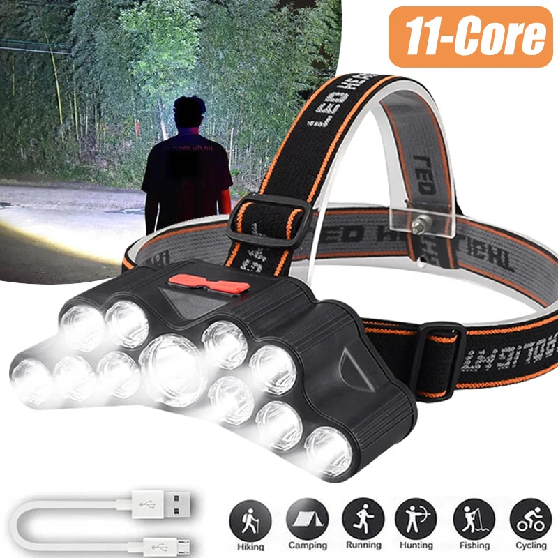 11LED Headlamp Strong Light Head-Mounted Flashlight Portable Hiking Camping Night Fishing Headlight USB Rechargeable Headlight