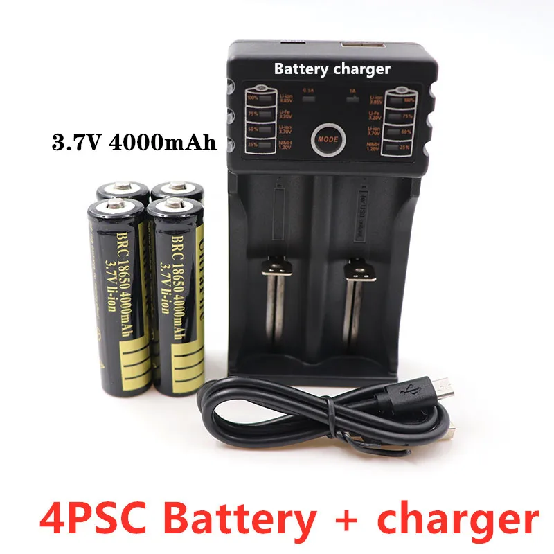 Batterie Lithium-ion Rechargeable Avec Chargeur, 3.7V, 4000mAh, 18650