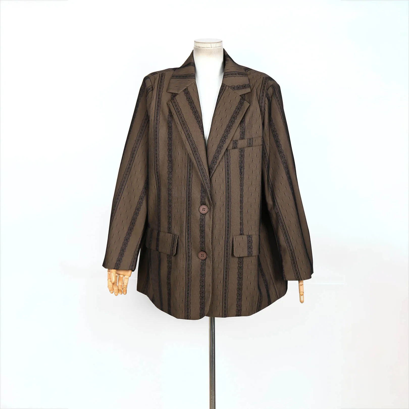 

2025 Spring Women's Brown Striped Blazer Vintage Lapel Double Button Loose Casual Office Lady Jacket Coat Fashion
