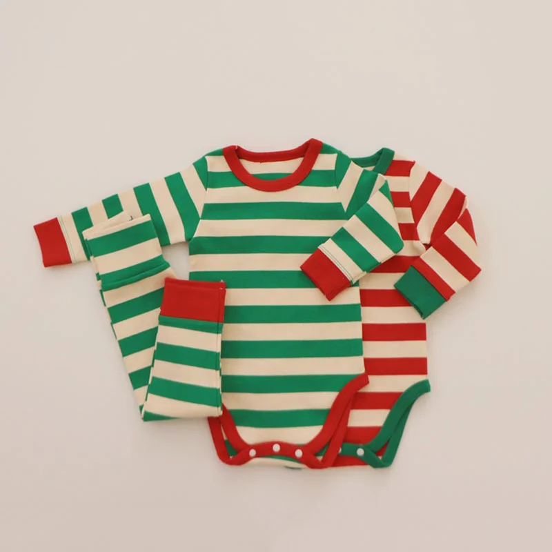 Christmas Autumn Winter Baby Suit Clothes Child Boys Girls  Cotton Cute Twin Red/Green Stripes Infant Long Sleeve Children\'s Set