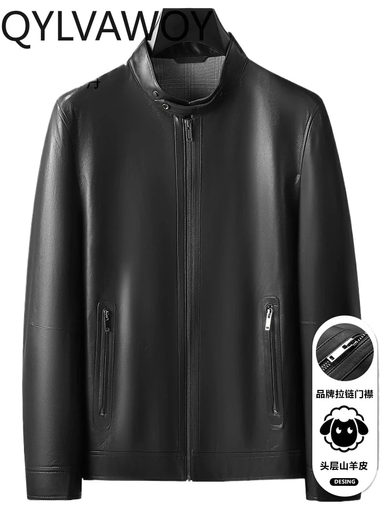 

QYLVAWOY 2025 Autumn New Goatskin Real Leather Jacket Men's Stand-Up Collar Casual Outerwear Motorcycle Leather Jacket LJ2704