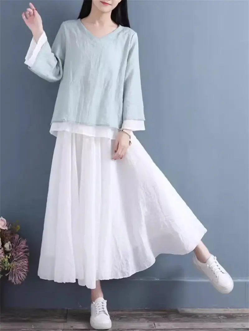 Literary Retro Elegant Oversized Cotton And Linen Skirt For Women Summer Fairy Light Thin Double Layered Midi A-Line Skirt k1725