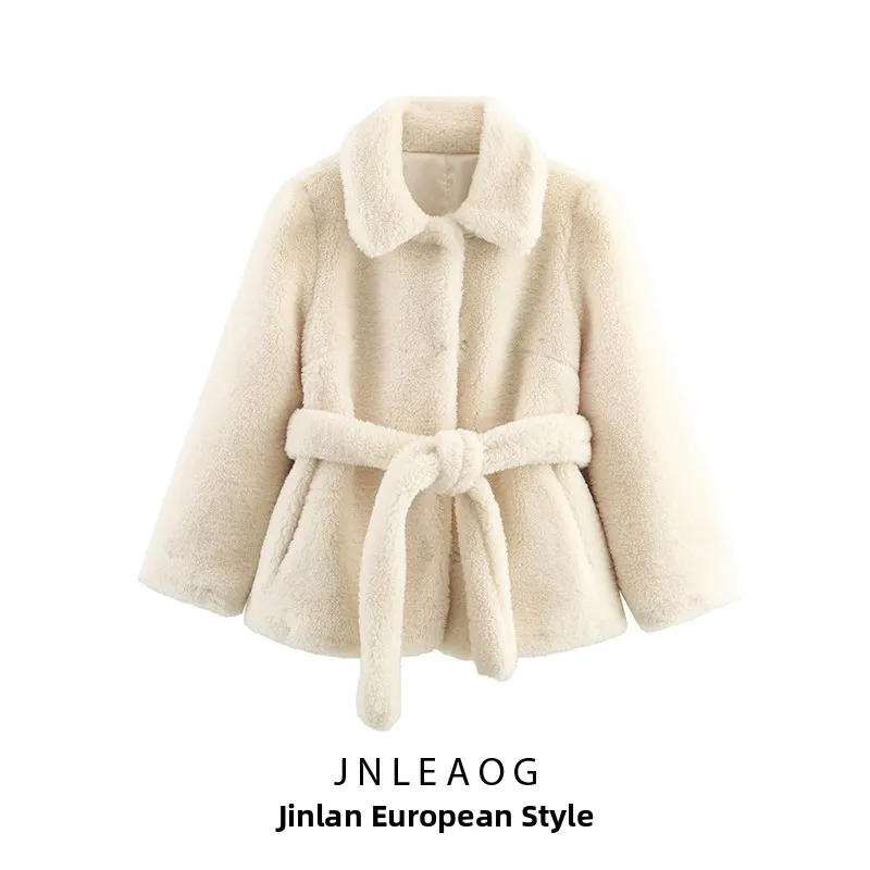 Autumn New Style Women's Coat Jacket Faux Fur Effect with Belt Standard Fit Long Sleeve Turn-down Collar European Style