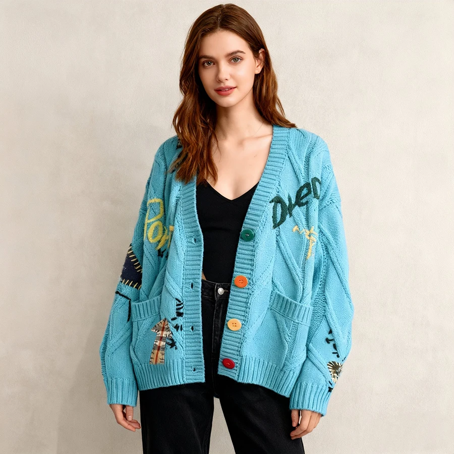

New Embroidery Knitted Cardigan Women V Neck Loose Sweater Autumn Winter Female Outerwear Fashion Letter Print Pocket Jumper