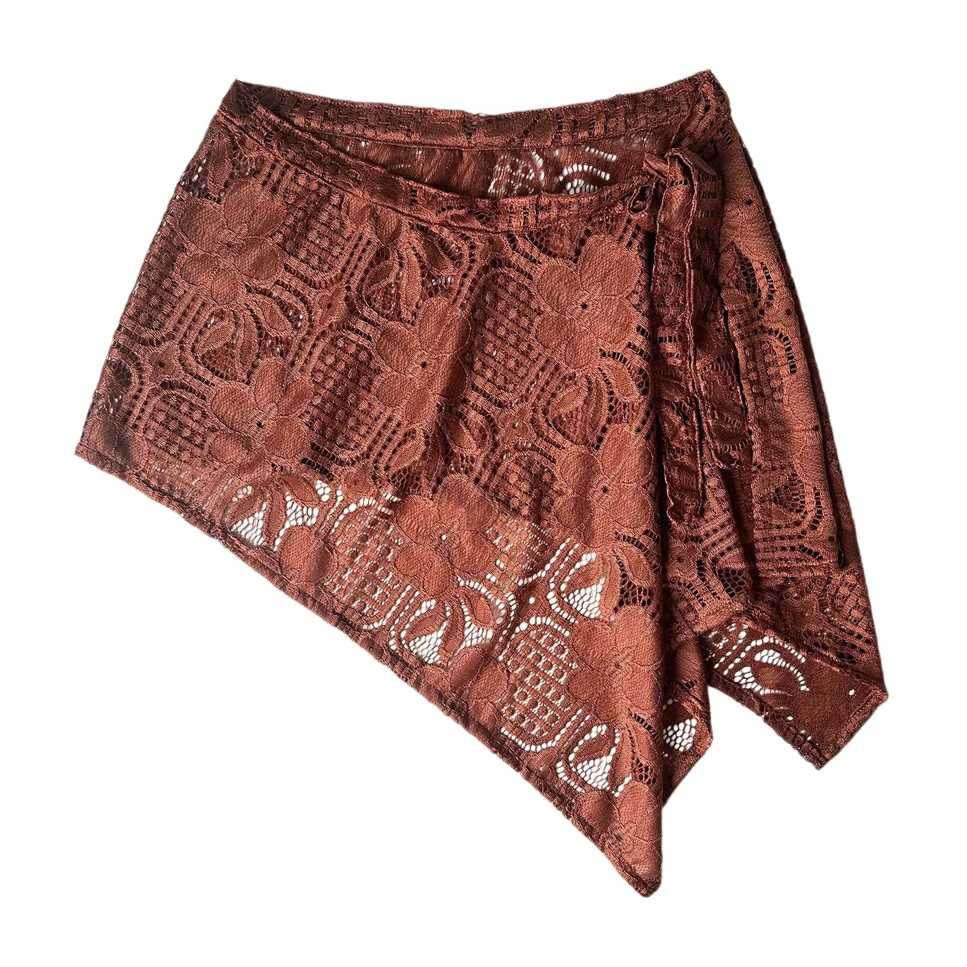 ​ Caramel Brown Lace Wrap Skirt Retro Asymmetric High Low Hem Women Early Fall Hip Covering Slim Fit