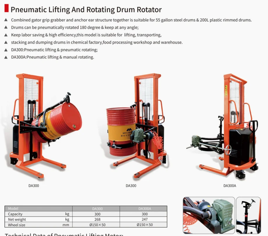 Explosion-Proof 55 Gallon Steel Drum Rotator Pneumatic Drum Lifter 200L Plastic Rimmed Drum 180 Degree Rotation 300kg Capacity
