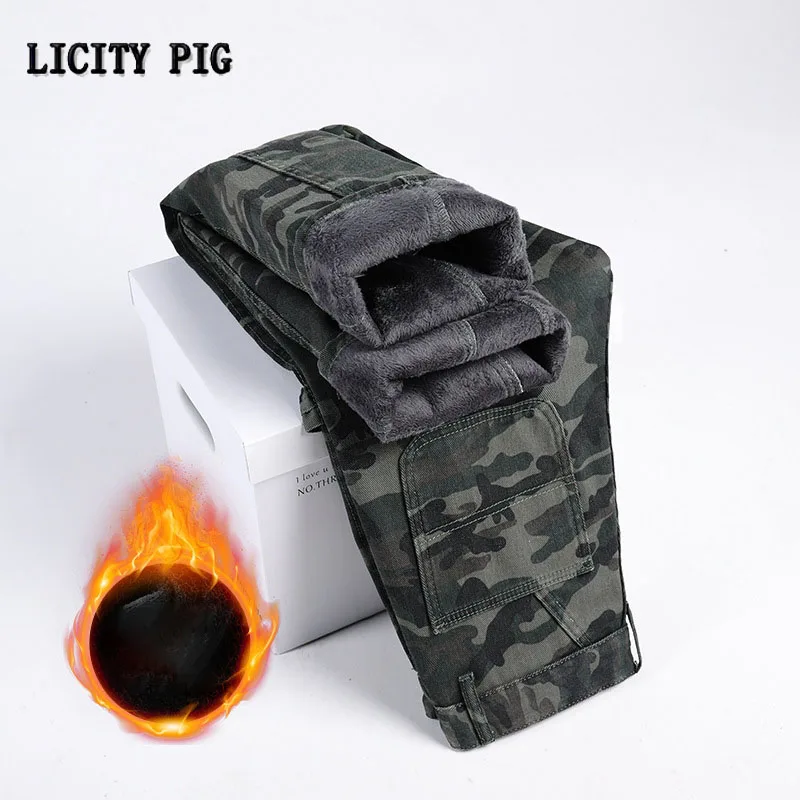 Men's Jeans Washed Camouflage Multi-pockets Straight Wide Leg Male Droop Denim Pants New winter baggy jeans Fleece lined pants