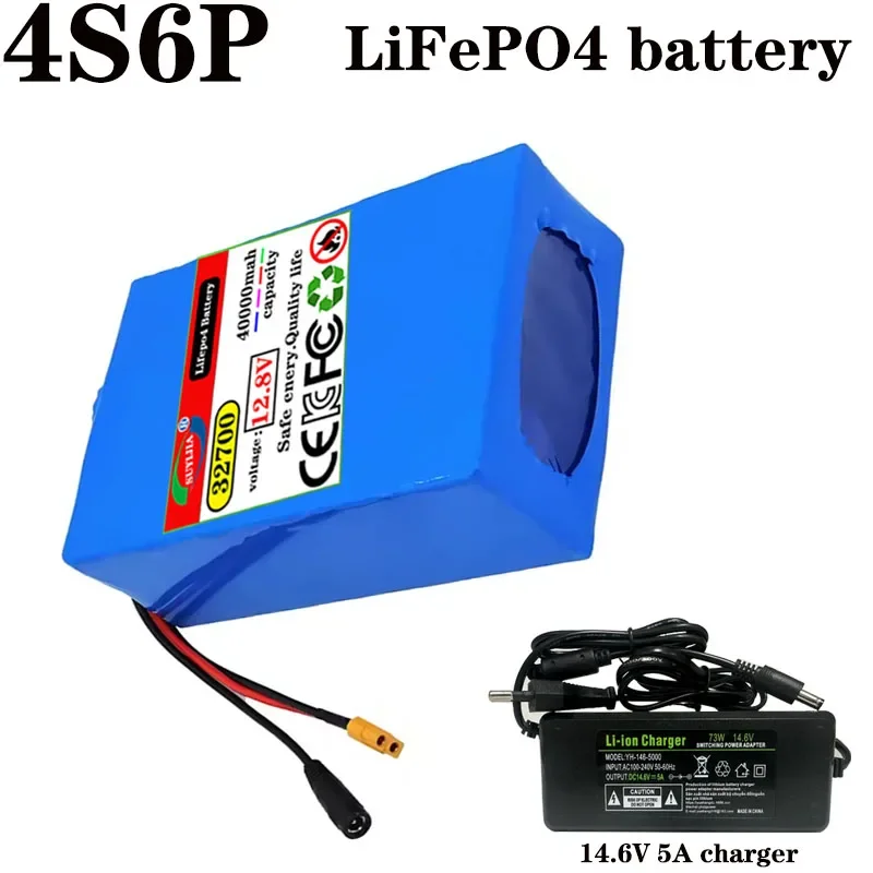 32700 4S6P 12.8 V 40000 mAh Lifepo4 battery + 14.6 V 5 A charger with 40 A same port, symmetrical BMS, 12 V power supply