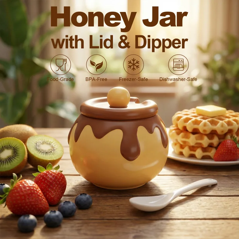 Handpainted Ceramic Honey Jar with Dipper and Lid Blueberry Breeze Design Portable Honey Pot Container for Kitchen Picnic Storage