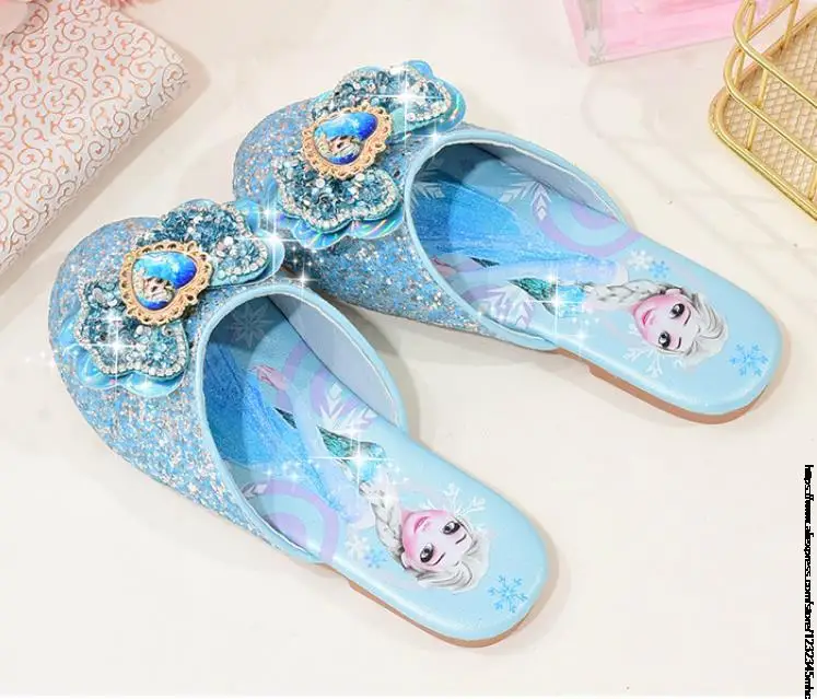 Disney Girls Shoes Butterfly Knot Frozen Elsa Flat-Heel Shiny Crystal Shoes Kids Leather Slippers Children\'s Single Shoes 25-36