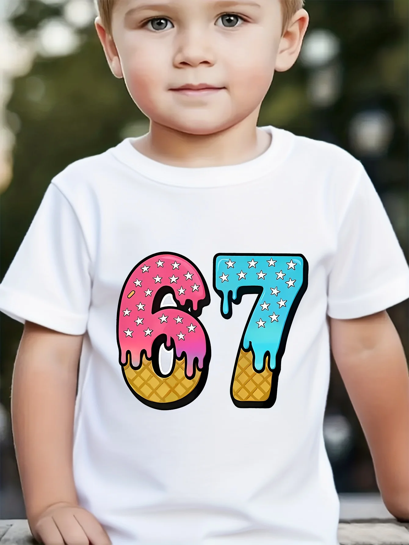 67 Ice Cream Waffle Star Drip Number Print Family Matching Cotton Tees Short Sleeve Tops For Mom Dad Boys Girls Daily Wear