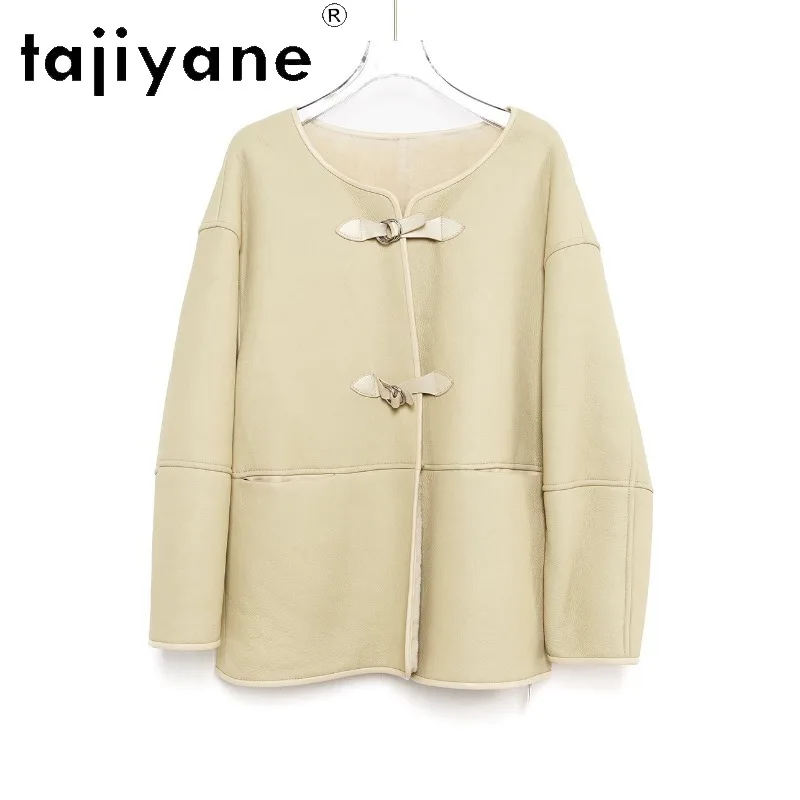 TAJIYANE Merino Sheep Shearling Real Fur Coat Woman Round Neck Leather Buckle Jackets for Woman Loose Fur Jacket Шуба Женская