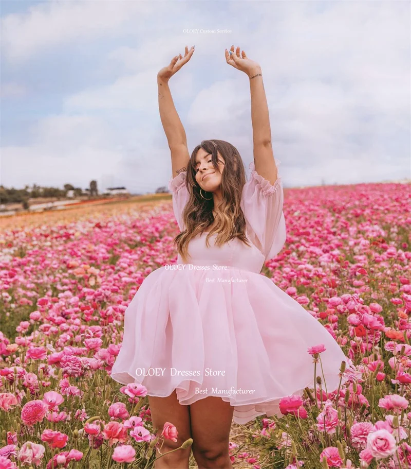 OLOEY-Robe de soirée courte en organza rose doux, manches bouffantes, col carré, mini robe de cocktail, été, filles, jardin, Rh, quoi que ce soit