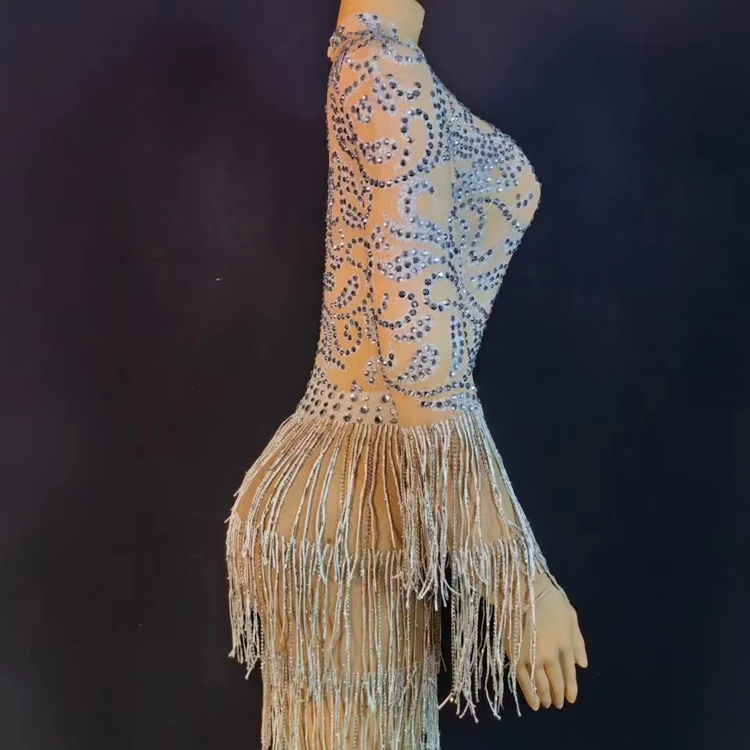 Robe de Soirée en Dentelle Transparente avec Glands Personnalisés, Tenue à Manches Courtes, Haute artificiel asticité, Paillettes, Sexy, Moulante, pour Spectacle sur Scène