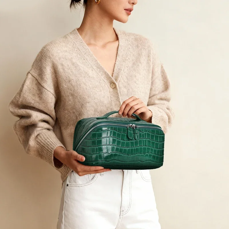 Aidrani Crocodile Pattern Genuine Leather Large-Capacity Portable Makeup Bag Storage Bag Practical Handbag Travel Toiletry Bag
