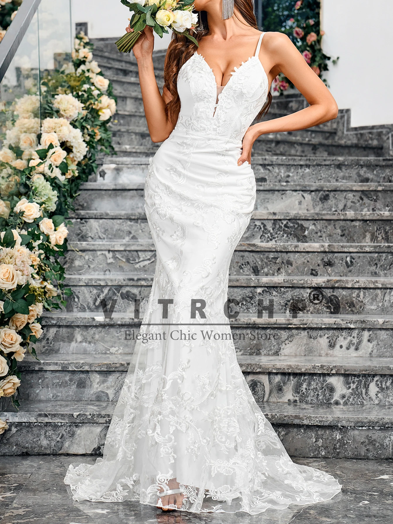 VITRCHP Sleeveless V Neck Sequined Mermaid White Wedding Party Dress Backless Floor Length Evening Prom Gown