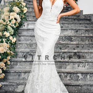 Vitrchp-Munger-Hülle Ehe, V-Ausschnitt, kein Rücken, auf den Boden, Ballkleid, weiß 8 Hauptverkaufskleid Mermaid Brautjungfer Hochzeit - №1