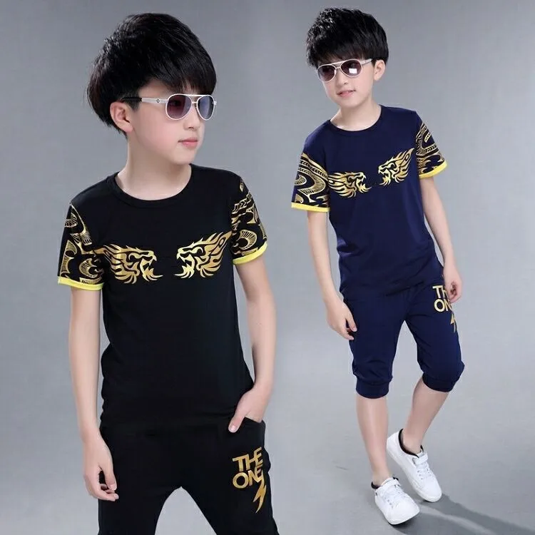 2023 teens Summer Boys Kids Clothes Baby Eagle Short Sleeve Cotton T-Shirt + Pants Teenager tracksuit 5 6 7 8 9 10 11 12 Year