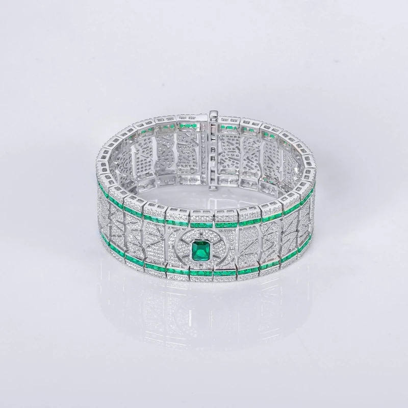 Bellux Light Luxury Vintage S925 Silver Emerald Bracelet Fine Classic Fashion Synthetic Zircon Large Green Bracelet