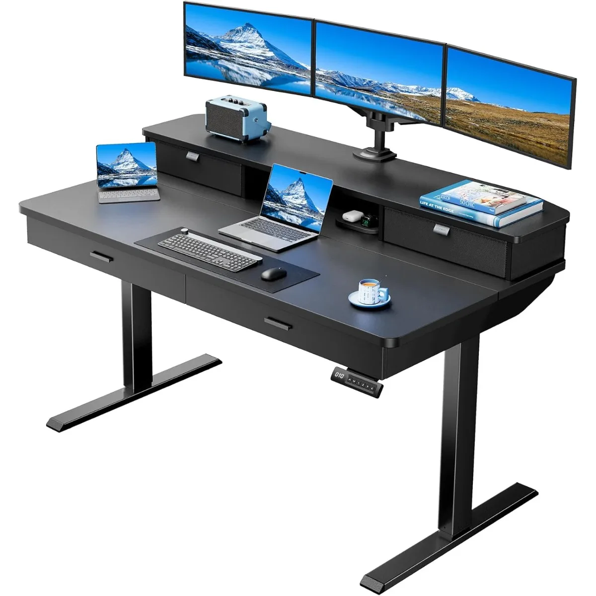 55 x 30 inch Electric Standing Desk with 4 Drawers, Adjustable Height Sit Stand Home Office Desk with Two Tiers