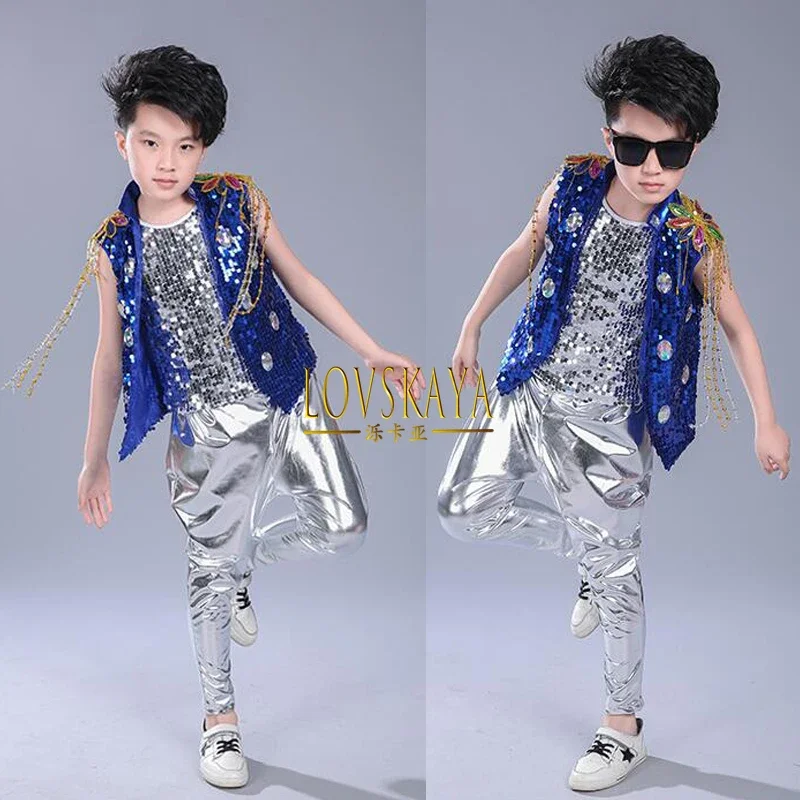 Sequined Hip Hop Outfits Girls Jazz Tap Dancing Tops Pants Boy Child Dance Stage Ballroom Party Dancewear Costumes