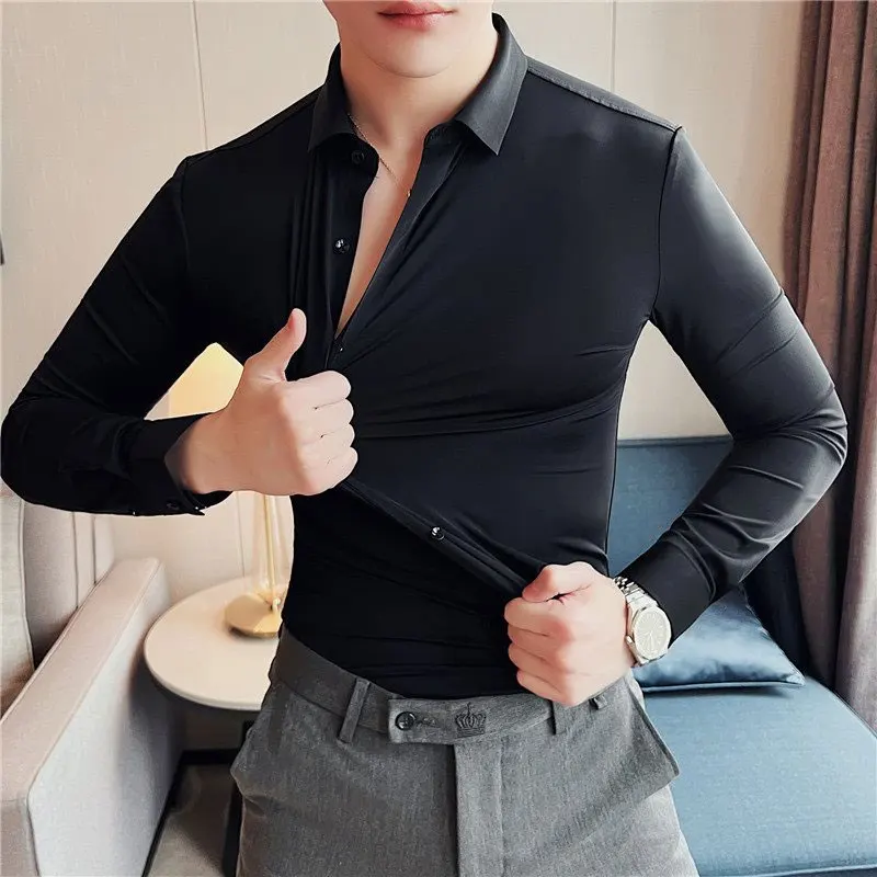 Men\'s Short shirt sleeve ice silk spring summer seamless high stretch non-ironing anti-wrinkle business casual solid color