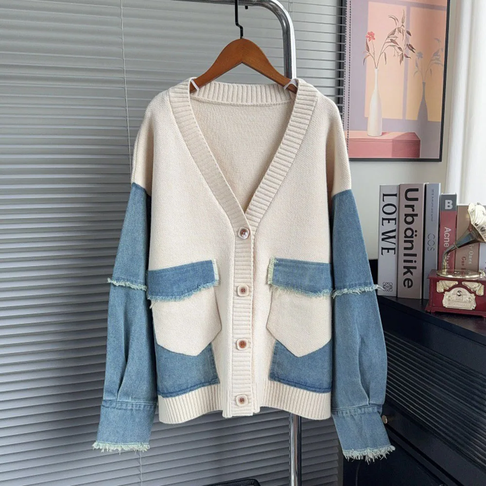 New Minimalist Sweater Coat Women Denim Patchwork Cardigan Single Breasted Knit Top Casual Daily Loose Outwear For Ladies
