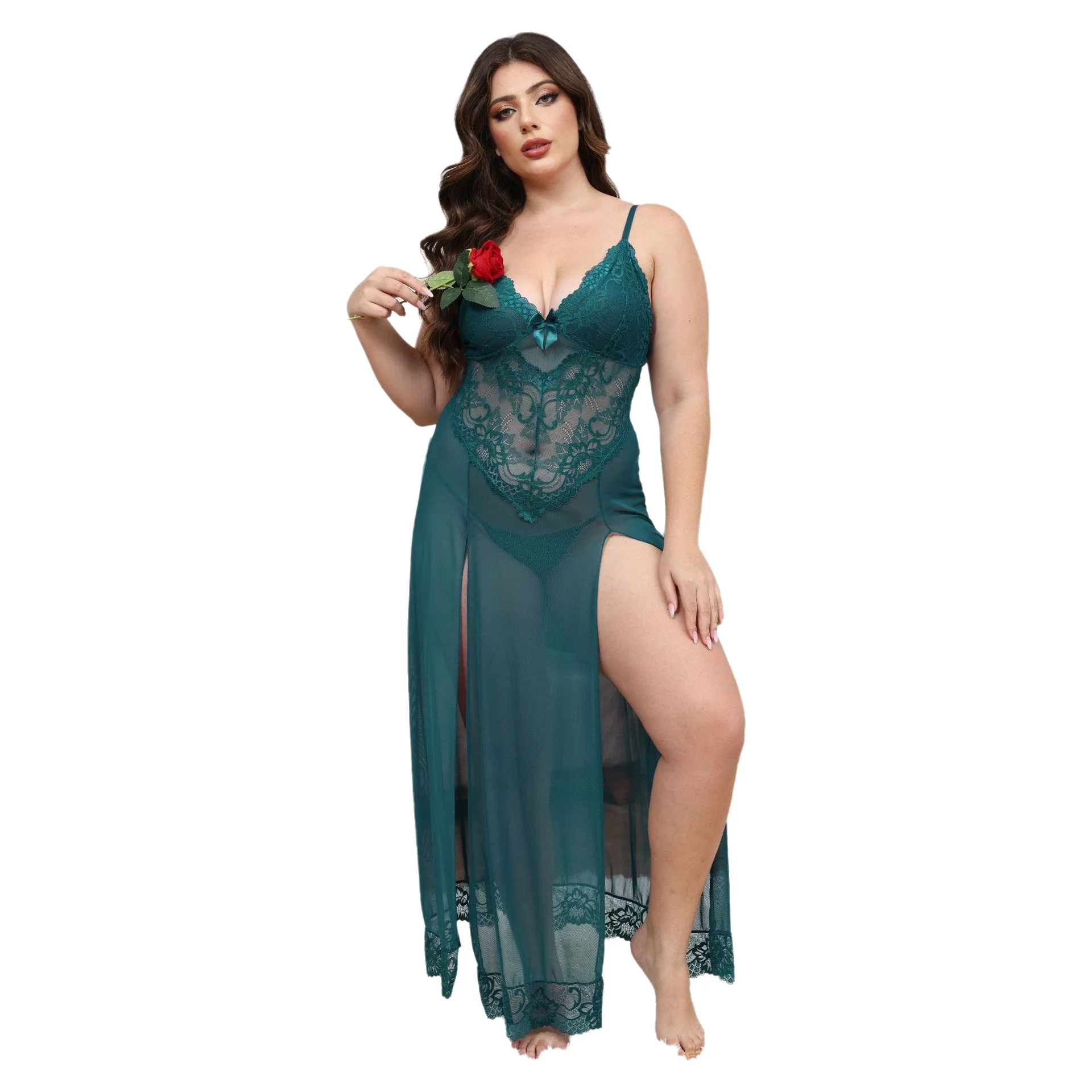 Women Plus‑Size Red Lace Long Sleep Dress V‑Neck Bow‑Decorated Spaghetti‑Strap Nightgown High‑Slit Sheer Mesh Loungewear 3Y44