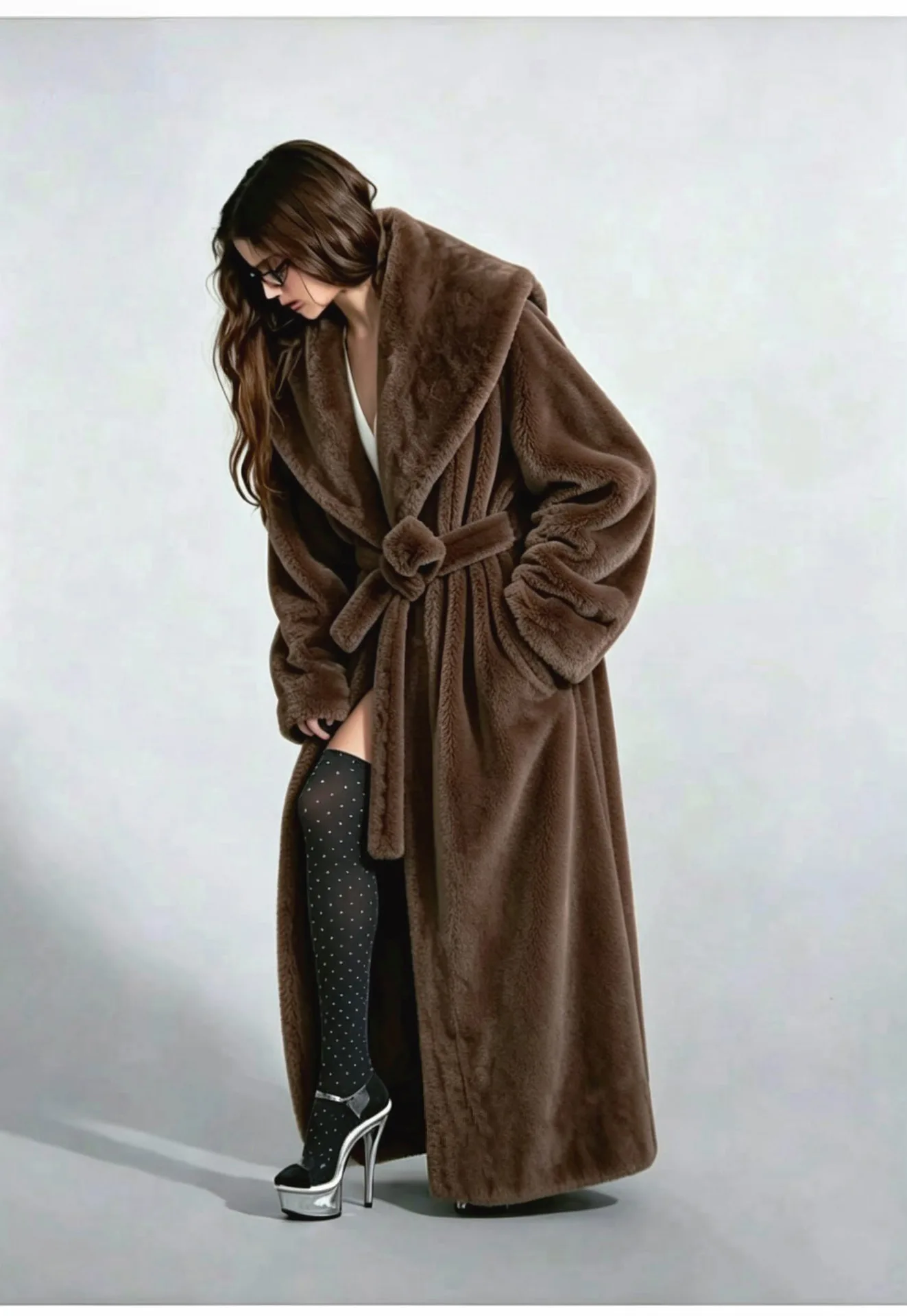 Long Coats Women Faux Fur Jackets Turn Down Collar Coat Thick Warm Y2k Streetwear Jacket Work Lace Up Tight Waist Autumn Winter