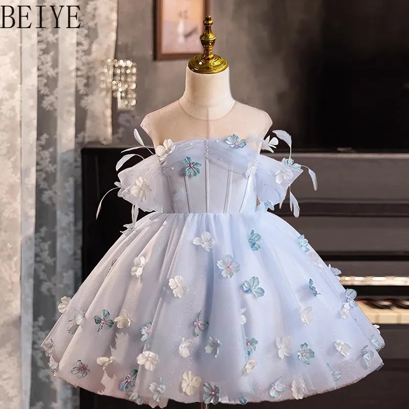 

High End Light Luxury Birthday Princess Dress Flower Girl Catwalk Spring Summer Host Dress Children Performance Blue Dress