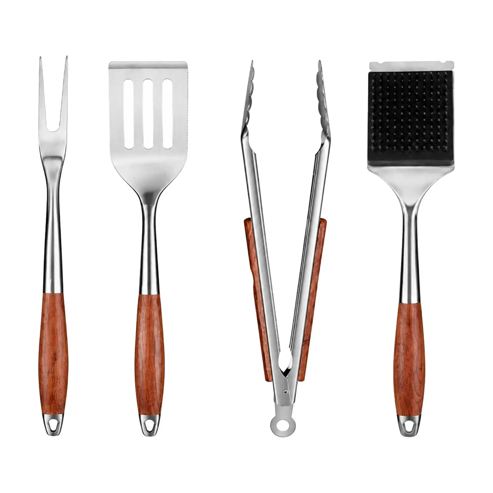 4 Pieces Outdoor Grilling Tool Kit Heat-Resistant Stainless Steel Barbecue Grilling Utensil with Wooden Handle for Cookouts