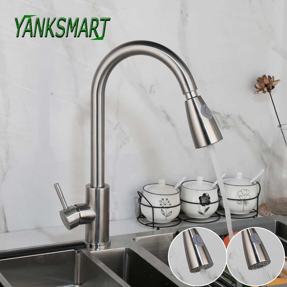 

YANKSMART Kitchen Pull Out Sprayer Faucet Brushed Nickel Single Handle Faucets Deck Mounted Basin Sink Mixer Water Tap