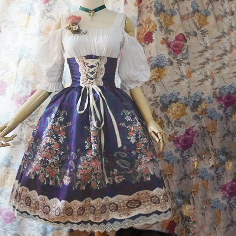 Women Dress Lolita Princess Style Dress A-line Big Swing Square Neck Lace Floral Printing Royal Style Halloween Cosplay Dress