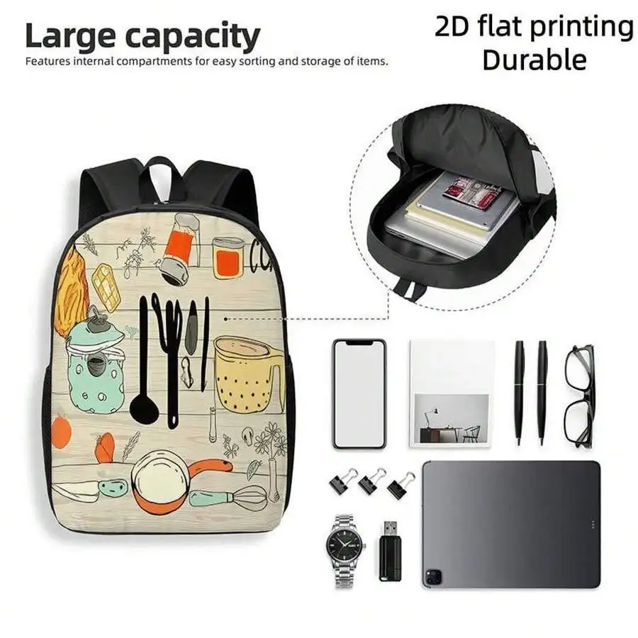 

Large Capacity Lightweight Backpack With Kitchen Print Adjustable Straps For Travel Commuting