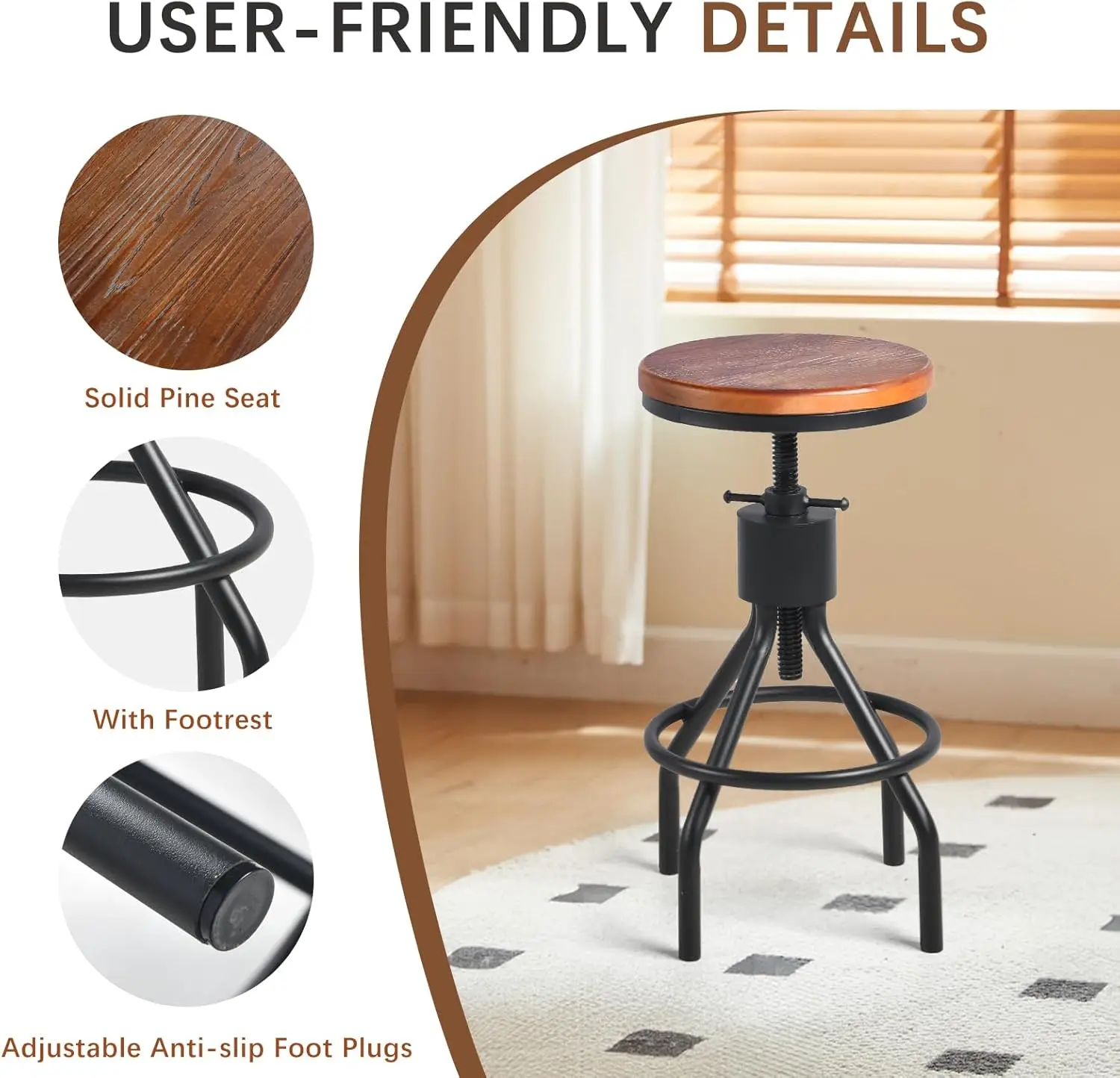 Industrial Swivel Bar Stool Set of 2, Adjustable Height 22-33 Inch, Rustic Vintage Design