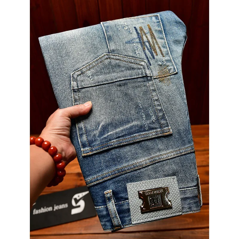 

Мужские джинсы с рваными дырками, ретро-тренд сращивания, уличная ностальгия, индивидуальность, красивый, облегающий крой, маленькие брюки