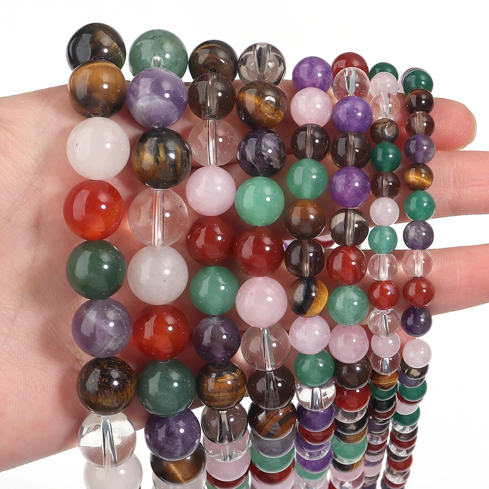 6 8 10 12 mm Natursteinperlen, gemischtes Tigerauge, Aventurin, Kristallglas, runde lose Perlen für Schmuckherstellung, DIY-Armbänder