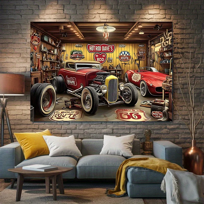 Vintage Hot Car Garage Party Banner - Suitable for home, photo props, and nostalgic events with classic car scenes - Detail 1