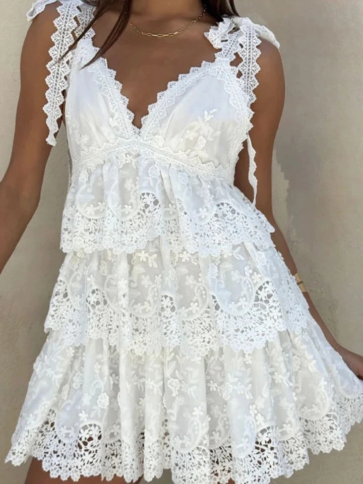 

Summer Fashion Solid Color Pleat Mini Dress New Sleeveless Backless Tie Up Dress Casual V-neck Lace Spliced Beach Vacation Dress