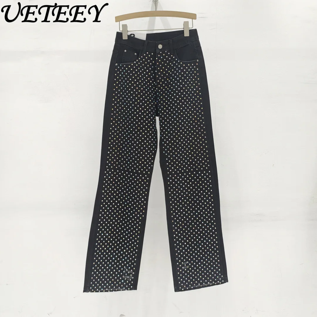 European Station 2024 Autumn New High Waist Jeans Women Blue Polka Dot Hot Drilling Loose Hole Loose Denim Pants Black Trousers