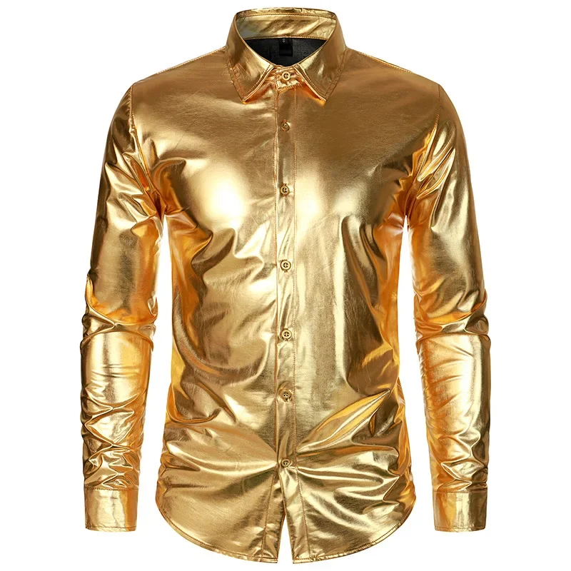 Men's Shiny Nightclub Long Sleeved Shirt Button Up Gold Shinny Costume Homme Men Night Club Party Shirt For Gold Silver Colors