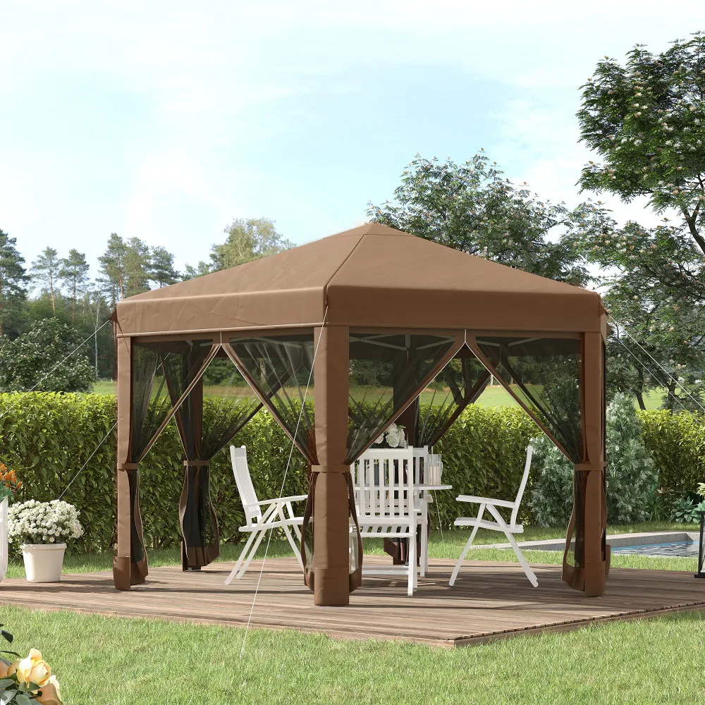 

Easy Pop Up 13 x 11 Hexagonal Gazebo Heavy Duty Outdoor Canopy Tent 6 Mesh Sidewalls 3 Level Adjustable Height Steel Frame Brown